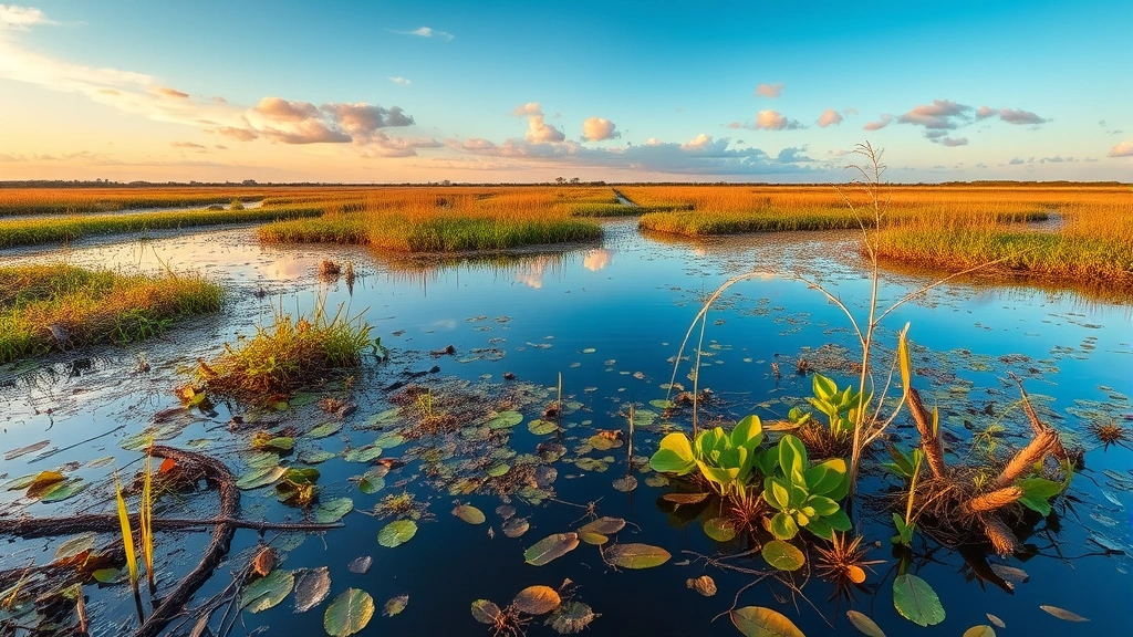 Wetland landscape with water reflecting sky, diverse aquatic plants and wildlife habitat, natural water filtration system, golden hour lighting showing ecological productivity