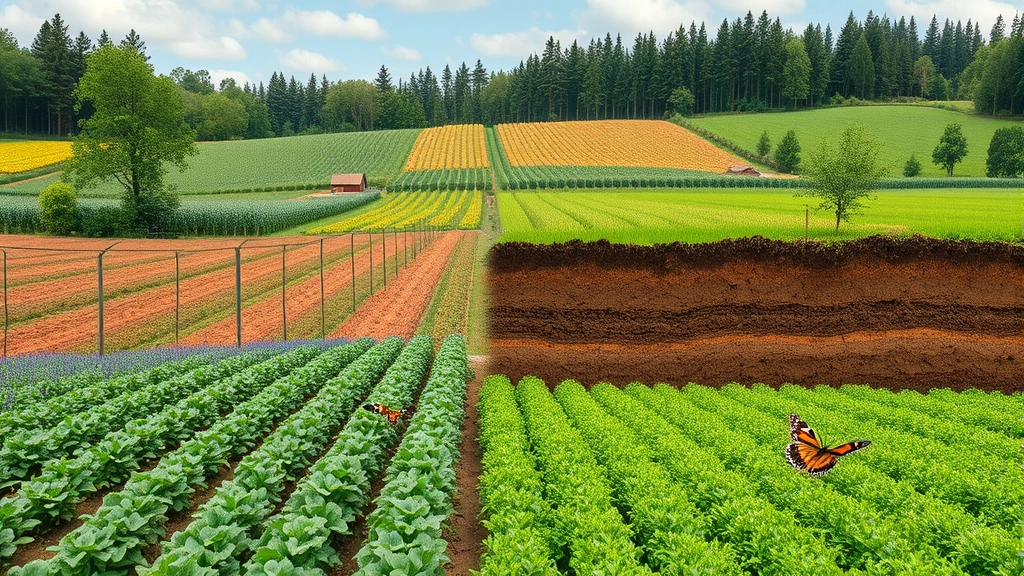 Restored agricultural landscape showing diverse crops with forest edges, pollinating butterflies and bees visible, healthy soil visible in cross-section, thriving biodiversity supporting food production