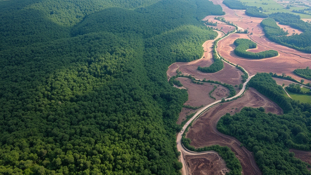 Aerial view of deforestation boundary showing contrast between intact tropical rainforest and cleared agricultural land with visible erosion patterns and logging roads winding through landscape