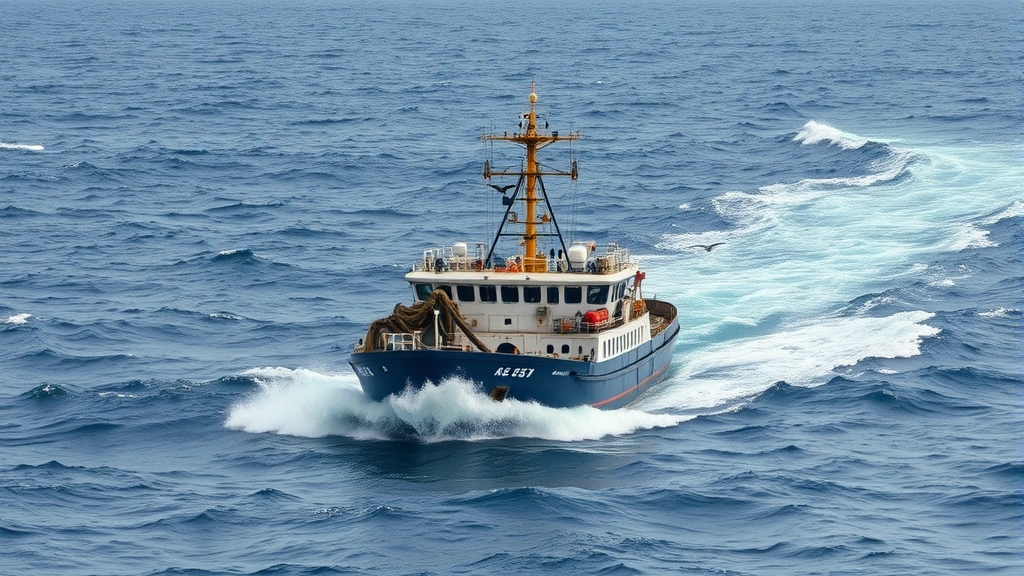 Industrial fishing vessel on open ocean with fishing nets deployed, surrounded by ocean waves and seabirds, showing scale of commercial fishing operations and marine ecosystem pressure