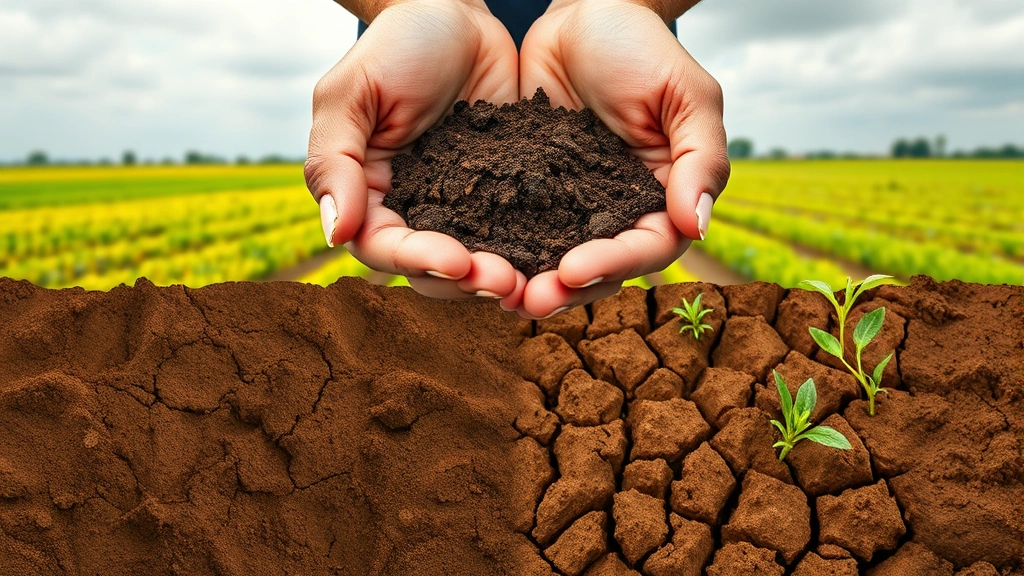 Hands holding soil above thriving agricultural field transitioning to degraded dry earth, visually representing soil depletion and ecosystem degradation from intensive market-driven farming practices