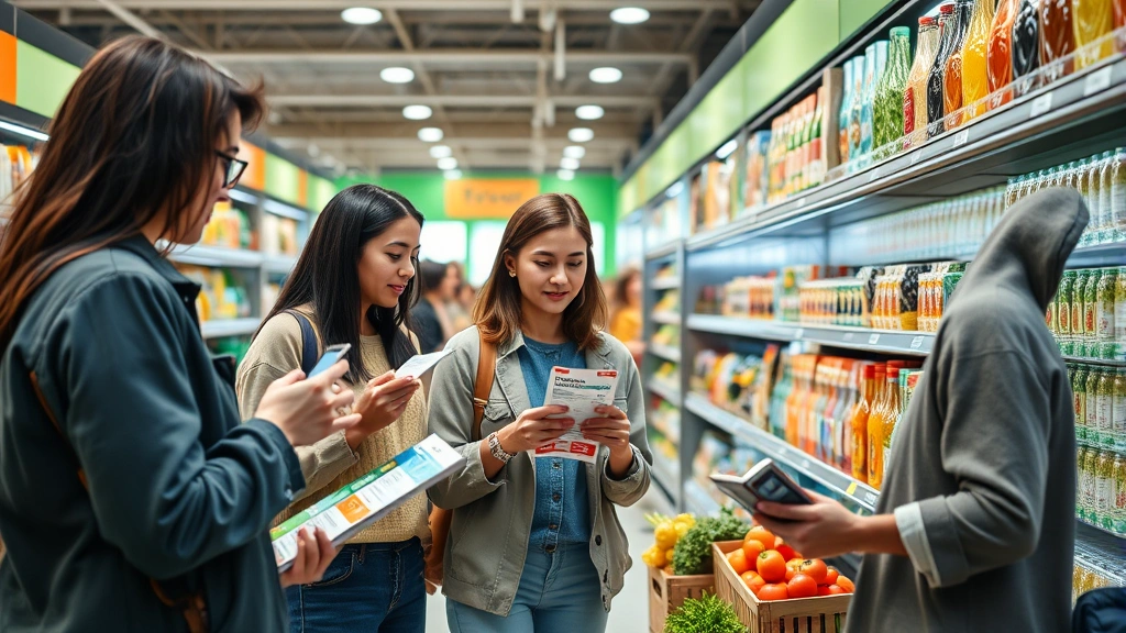 Photorealistic image of diverse consumers examining product labels in a modern grocery store, comparing sustainable and conventional options side by side with natural lighting