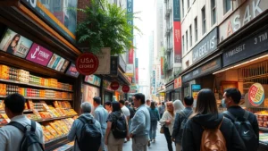 Urban marketplace with diverse consumers examining products on shelves, digital screens displaying advertisements, natural lighting emphasizing economic activity and consumer choice dynamics
