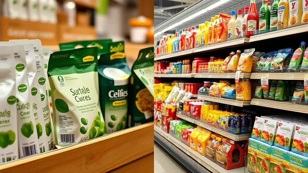 Split-screen showing sustainable product packaging on left with minimal marketing, contrasted with heavily marketed conventional products on right, natural store setting emphasizing information asymmetries
