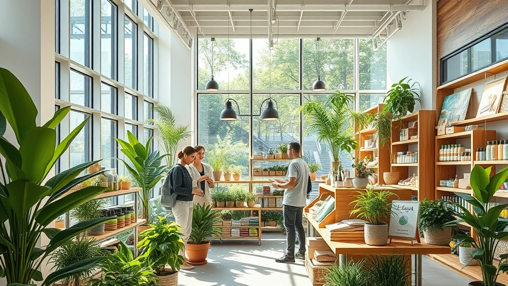 Modern retail sales environment with natural daylight streaming through large windows, eco-conscious employees assisting customers among sustainable product displays, green plants and natural materials visible, contemporary sustainable store design, photorealistic