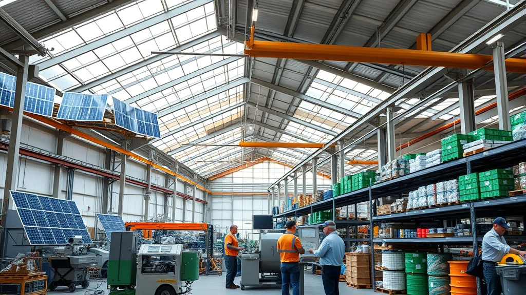 Manufacturing facility interior showcasing renewable energy solar panels on roof visible through skylights, workers collaborating near efficient equipment, sustainable production processes, organized material recovery stations, photorealistic industrial sustainability