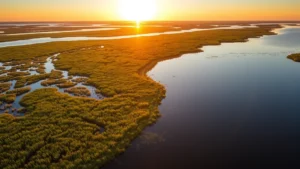 Aerial view of Maryland Chesapeake Bay wetlands with green marsh grasses meeting blue water, golden sunset lighting reflecting on water surface, natural habitat for fish and crustaceans