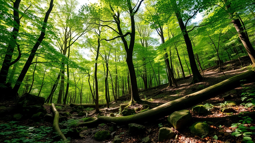 Dense old-growth forest canopy in Appalachian Maryland region, sunlight filtering through leaves, diverse understory vegetation, moss-covered rocks and fallen logs in natural forest ecosystem