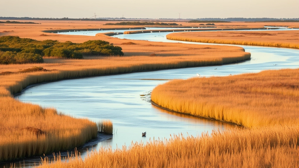 Maryland coastal marsh landscape with riparian vegetation, winding waterway through golden grasses, seabirds in natural habitat, soft evening light over protected wetland area
