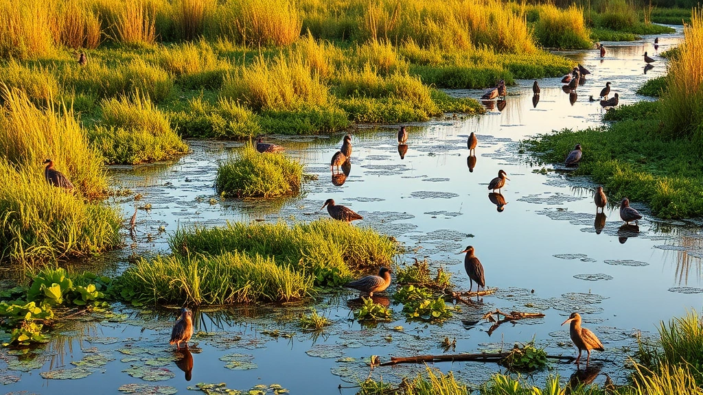 Lush wetland ecosystem with water channels, native vegetation, and birds reflected in still water at golden hour, demonstrating natural water filtration infrastructure and biodiversity