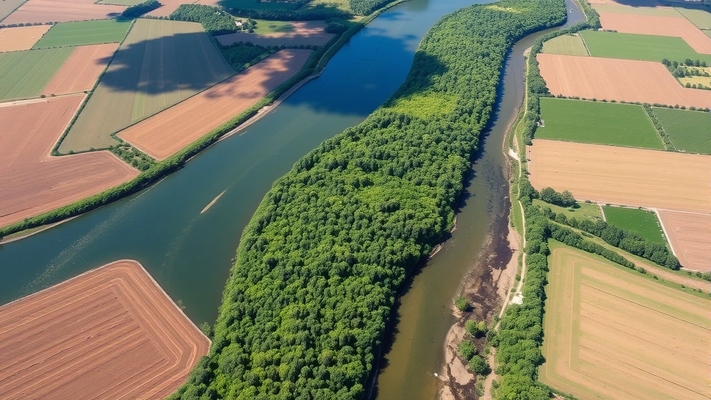 Aerial view of restored riparian forest corridor along meandering river with green vegetation contrasting against agricultural fields, showing ecosystem restoration impact on landscape