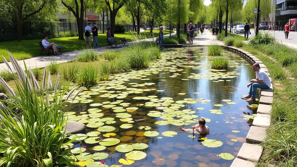 Urban green space with native wetland plants, shallow water features, and people enjoying recreation, illustrating how ecosystem services integrate into city infrastructure and community life