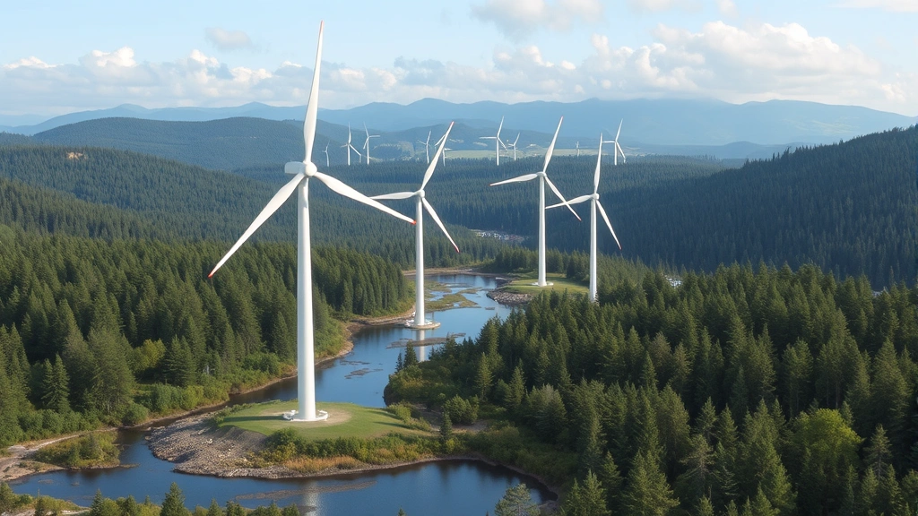 Renewable energy wind turbines in natural landscape with forests and water features demonstrating sustainable human-environment interaction and ecological coexistence