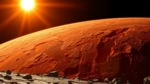 Mercury's cratered surface under intense sunlight with extreme temperature contrasts visible through thermal imaging visualization, showing water ice deposits in shadowed polar regions and barren rocky terrain