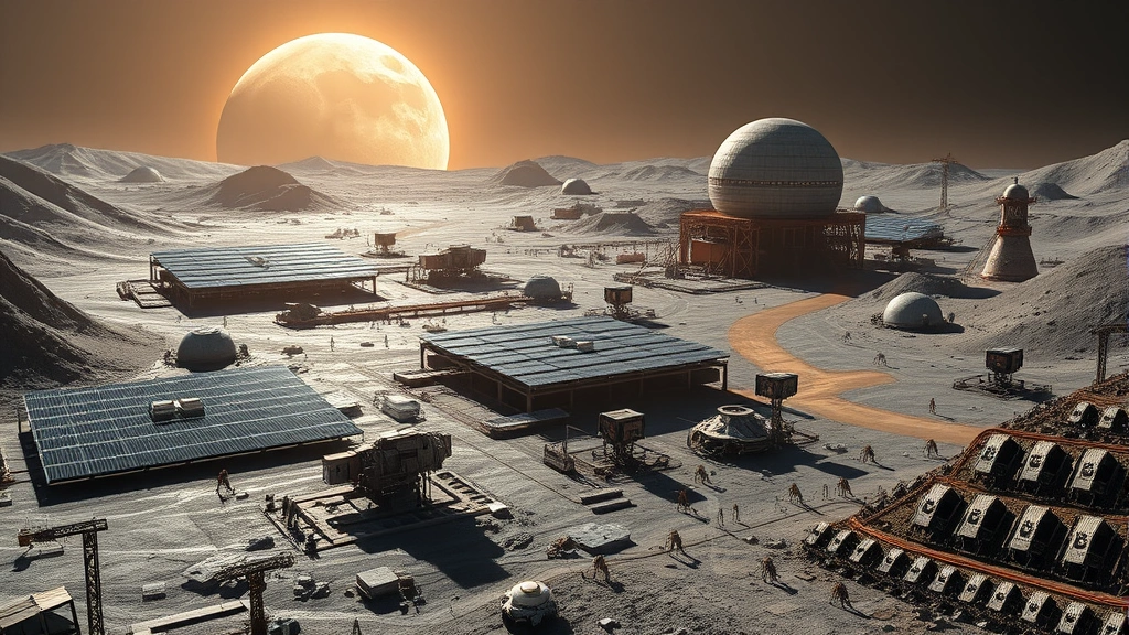 Futuristic mining and industrial facility on Mercury's surface with solar panel arrays, robotic extractors harvesting rare earth elements, and habitat structures designed for extreme thermal protection