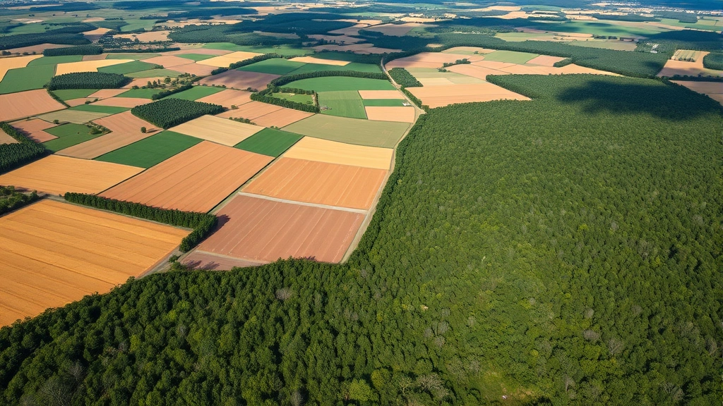 Aerial view of agricultural fields meeting intact forest, demonstrating the contrast between cultivated land and natural ecosystem services, landscape photography