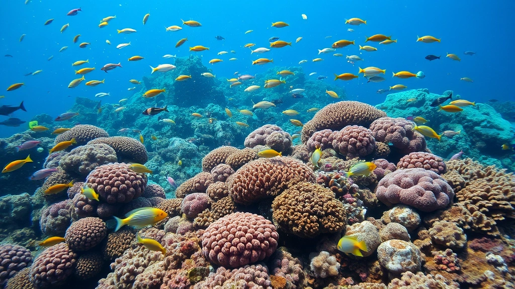 Healthy coral reef teeming with colorful fish and marine life, representing ocean ecosystem services and economic value of marine biodiversity, underwater nature photography