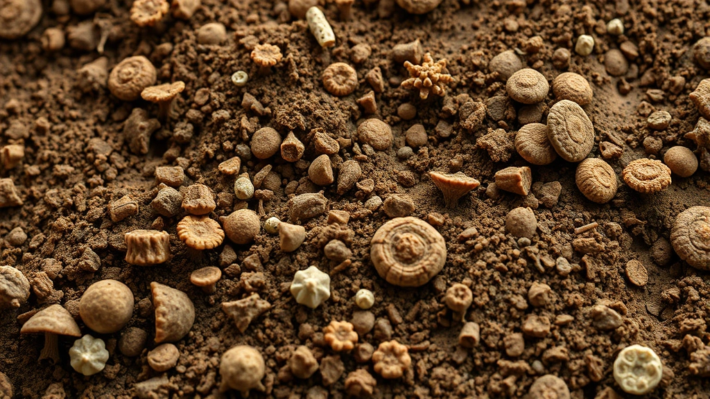 Photorealistic microscopic view of diverse soil bacteria and fungi in rich brown earth, magnified bacterial colonies in natural light, intricate fungal networks visible, no labels or text