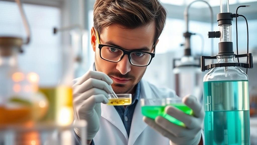 Scientist examining microbial samples in modern laboratory with petri dishes and bioreactors, natural lighting on researcher's face, fermentation vessels with liquid cultures, professional scientific setting