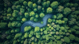 Aerial view of diverse forest canopy with river winding through, sunlight filtering through leaves, demonstrating ecosystem complexity and water resource connections