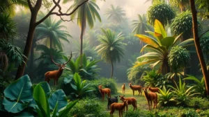 Lush tropical forest ecosystem with diverse wildlife including herbivores and predators coexisting in natural balance, vibrant green canopy, morning mist, photorealistic wildlife photography
