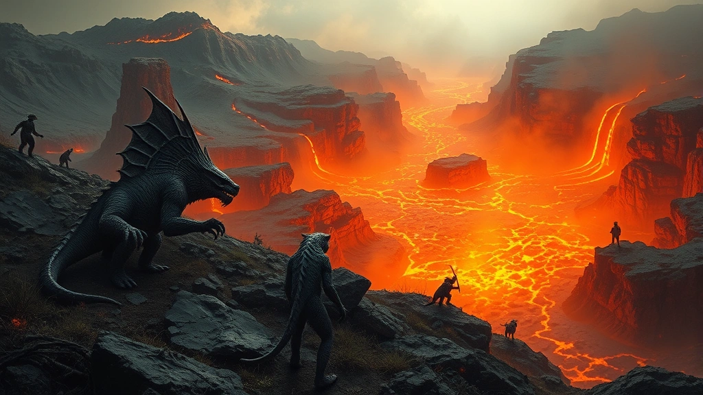 Ancient volcanic landscape with monsters and creatures adapted to harsh terrain, glowing lava flows, sparse vegetation, creatures hunting and gathering resources in harsh environment, dramatic natural lighting