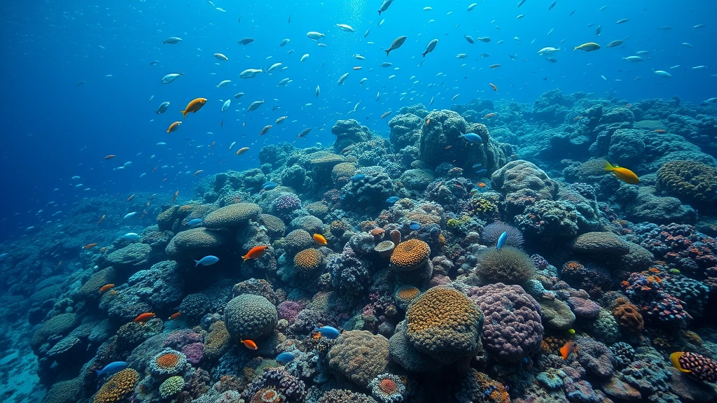 Underwater coral reef ecosystem teeming with colorful marine life, diverse fish species, intricate food chains visible, bioluminescent creatures, photorealistic ocean depth photography, ecosystem complexity demonstrated