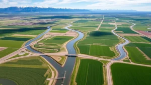 Aerial view of Montana irrigation canals and agricultural fields during spring runoff, showing water distribution infrastructure among green croplands with mountains in background