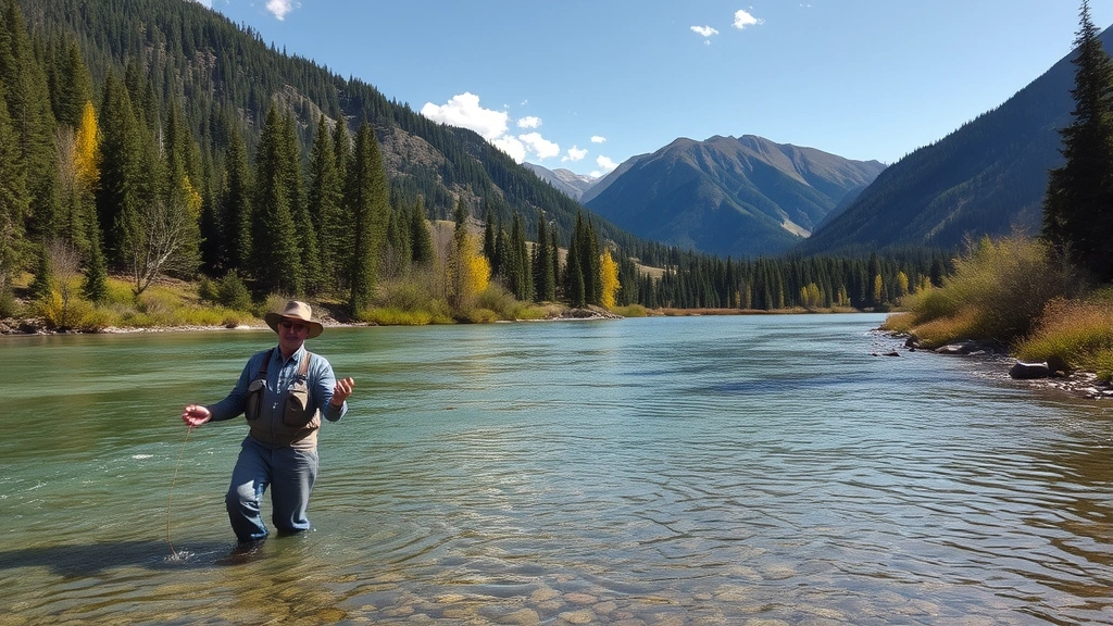 Scenic Montana river landscape with fly fisherman wading in clear cold water, surrounded by forest and mountains, demonstrating recreation-dependent ecosystem health