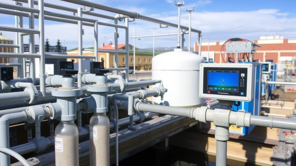 Urban water treatment facility in Montana city with modern filtration systems and monitoring equipment, representing municipal water infrastructure and quality management