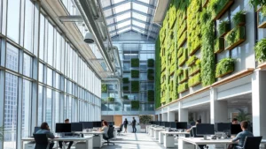 Modern office building interior with floor-to-ceiling windows, sunlit workspace, advanced HVAC systems visible, professional employees working at desks, natural daylighting reducing artificial lighting needs, sustainable architecture with green walls integration