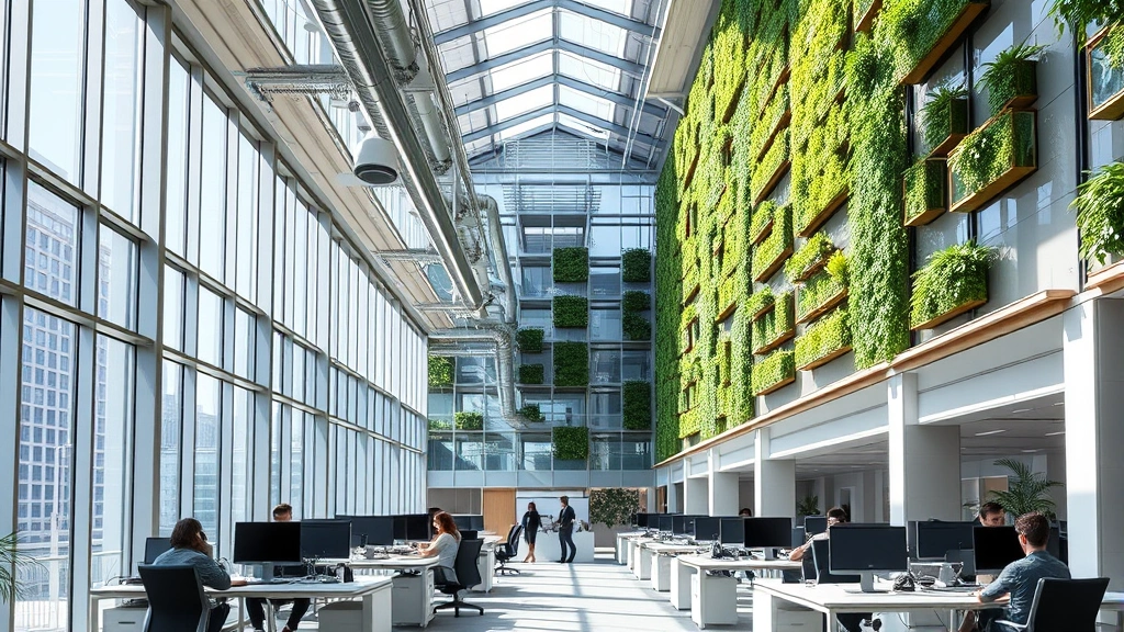 Modern office building interior with floor-to-ceiling windows, sunlit workspace, advanced HVAC systems visible, professional employees working at desks, natural daylighting reducing artificial lighting needs, sustainable architecture with green walls integration