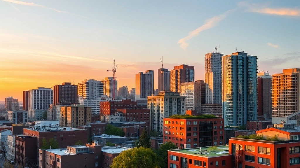 Commercial district skyline at sunset showing diverse building heights, mix of older and newly retrofitted buildings, visible energy-efficient features like solar panels and green roofs, urban landscape demonstrating building performance diversity and environmental upgrading