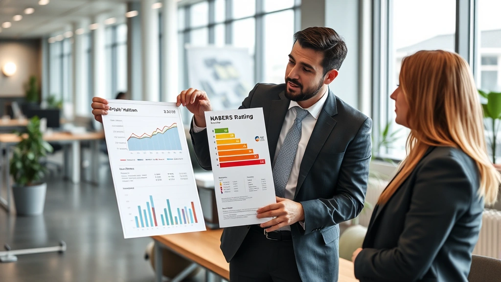 Property valuation document with growth charts, building efficiency metrics displayed, real estate professional reviewing NABERS rating certificate with client in modern office, financial analysis showing cost savings over time, professional business environment
