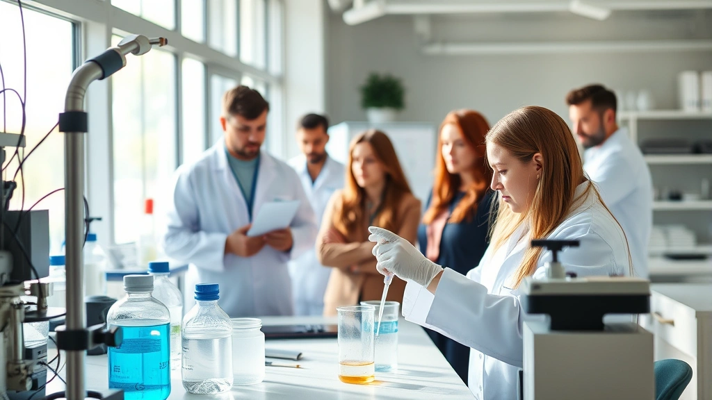 Environmental agency professional analyzing water quality samples in modern laboratory with sophisticated monitoring equipment, natural daylight streaming through windows, diverse team collaborating in background