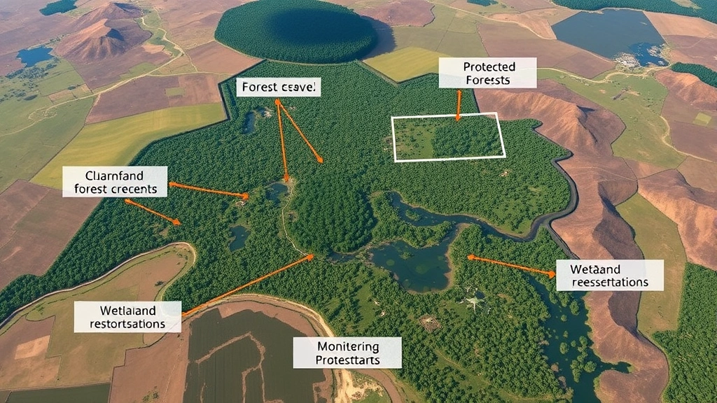 Aerial landscape view showing protected forest reserves, wetland restoration projects, and monitoring stations integrated across diverse ecosystems, demonstrating comprehensive environmental management at scale