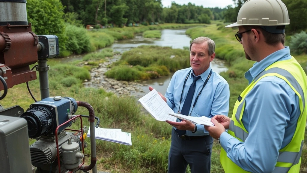 Environmental compliance officer conducting field inspection at industrial facility, examining equipment and documentation, with restored riparian zone visible in background showing successful pollution remediation outcomes