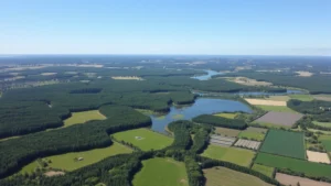 Aerial view of diverse landscape with forests, wetlands, and agricultural fields under clear sky, showing natural capital and ecosystem diversity in harmonious balance