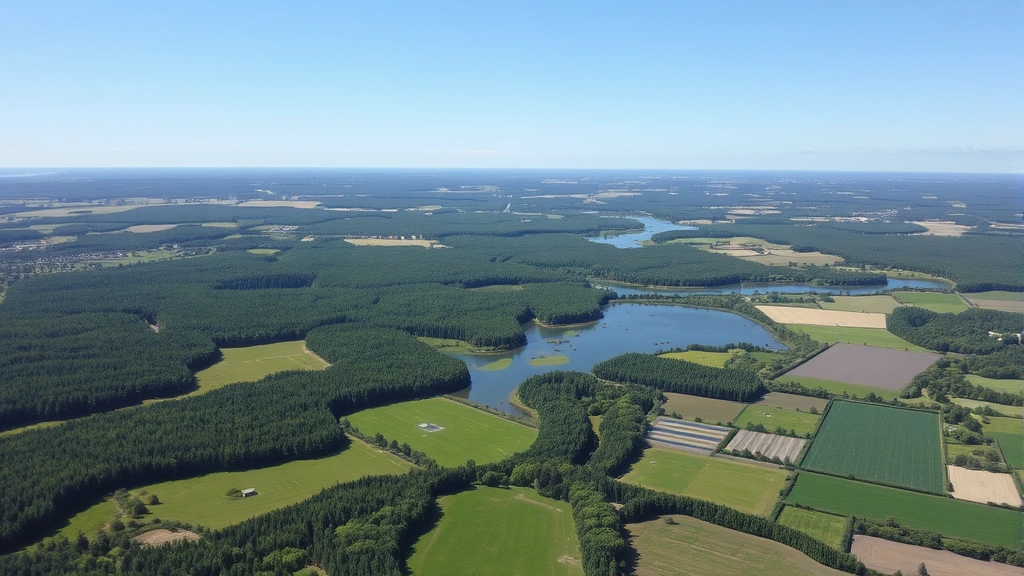 Aerial view of diverse landscape with forests, wetlands, and agricultural fields under clear sky, showing natural capital and ecosystem diversity in harmonious balance