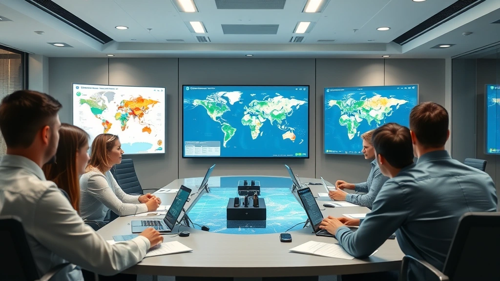 Modern government conference room with diverse professionals reviewing environmental data on large screens and maps, representing multi-sectoral policy coordination and environmental governance