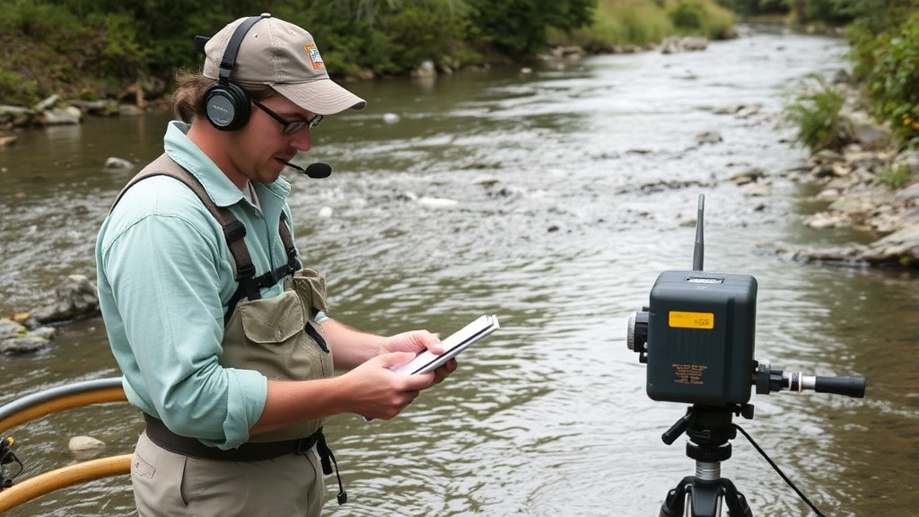 Field researcher collecting water samples from river while monitoring equipment records data, demonstrating environmental assessment and ecological monitoring functions