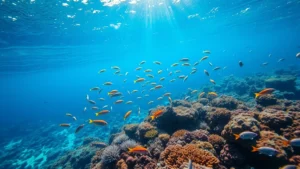 Underwater coral reef teeming with colorful fish, sunlight filtering through clear water, vibrant ecosystem biodiversity, tropical marine environment with healthy coral formations