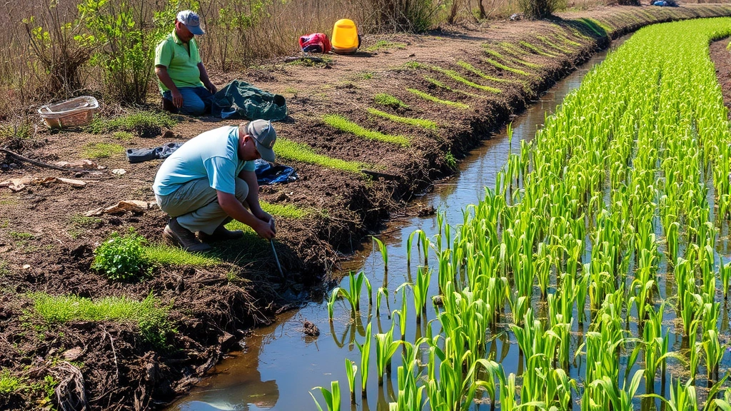 Wetland restoration project with workers planting native vegetation along river bank, green shoots emerging from water, natural water filtration system in progress, ecological restoration landscape