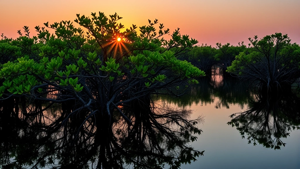 Mangrove forest reflected in calm water at sunset, dense root systems visible in shallow water, coastal ecosystem protection, blue carbon forest environment supporting fisheries and wildlife
