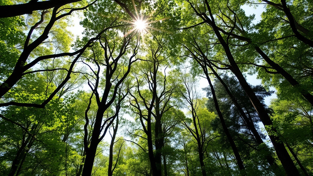 Diverse forest canopy with sunlight filtering through leaves, showing multiple tree species, understory vegetation, and wildlife habitat supporting pollination, carbon storage, and biodiversity services.