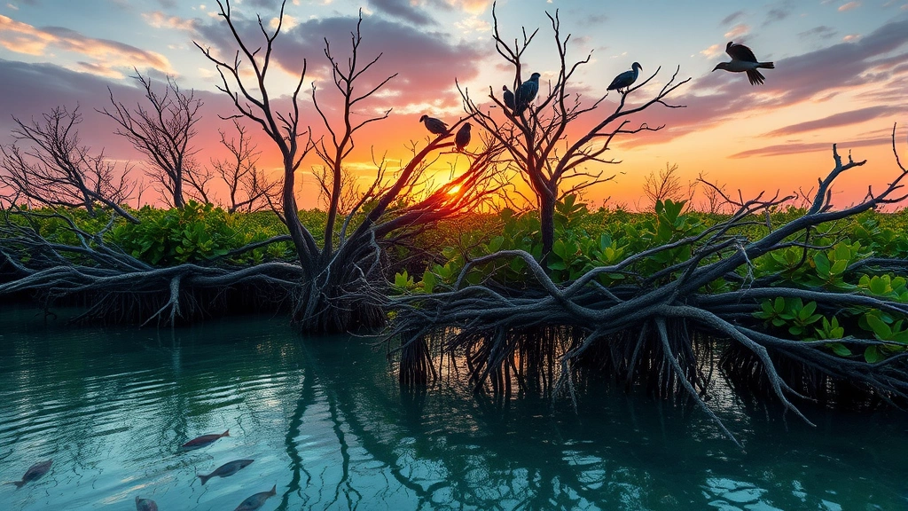 Coastal mangrove forest at sunset with aerial roots visible in shallow water, fish visible beneath surface, and birds roosting in branches, illustrating fishery support, storm protection, and carbon sequestration.