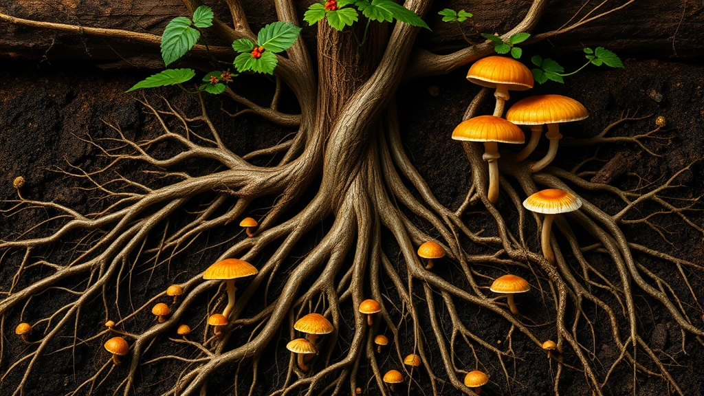 Intricate mycorrhizal network underground connecting multiple trees with fungal threads, representing cooperation and resource sharing in natural economic systems