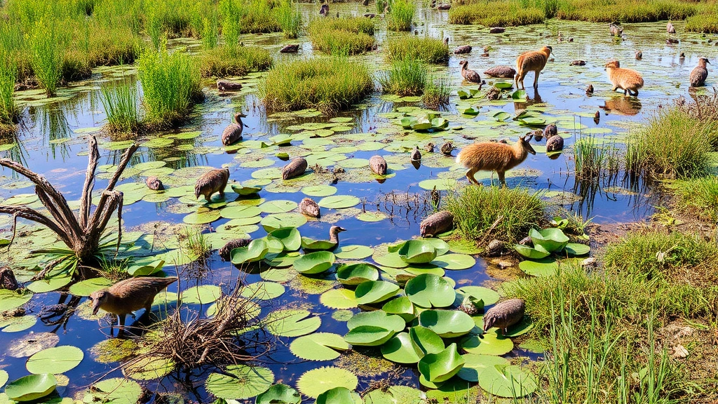 Biodiverse wetland ecosystem with multiple species, water, vegetation, and wildlife demonstrating resilience through biodiversity and ecosystem service provision