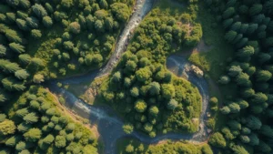 Photorealistic aerial view of a thriving forest ecosystem with diverse vegetation layers, clear streams, and wildlife habitat showing healthy biodiversity and natural regeneration patterns, vibrant greens and natural lighting