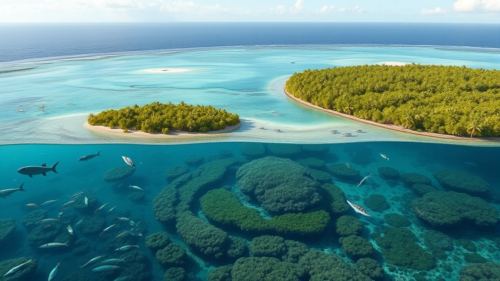 Photorealistic image of a coastal ecosystem showing healthy mangrove forests or coral reef restoration area with clear water, diverse marine and terrestrial species coexisting, demonstrating ecosystem balance and recovery from conservation efforts